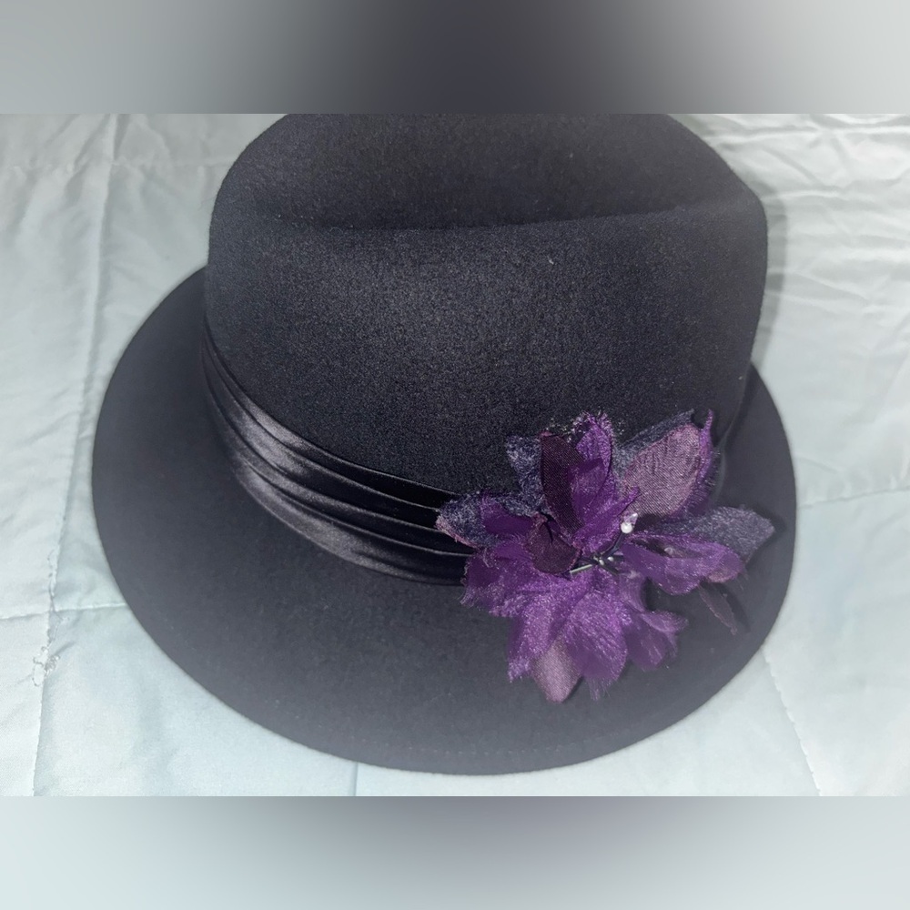 Suede Black Hat with Purple Floral Accent